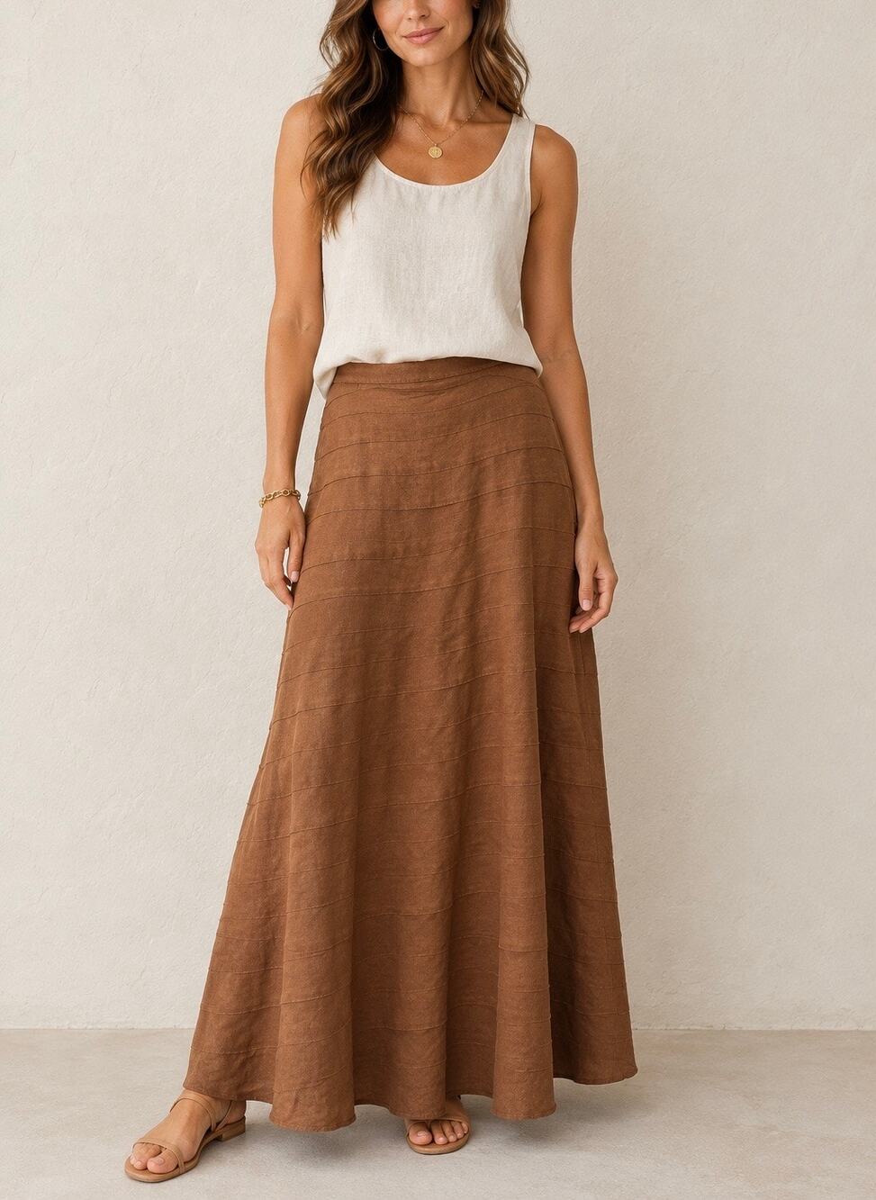 SOFT SURROUNDINGS 100% Linen Brown Tiered Maxi Skirt Boho Coastal Large